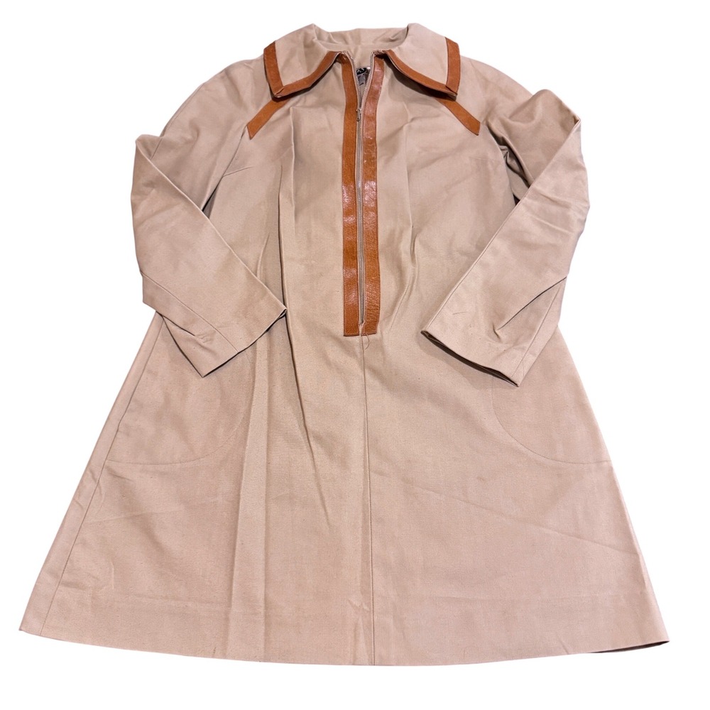 Vintage 60s John Marks London Mod Raincoat Canvas Leather Trim 1/2 Zip A-Line 10